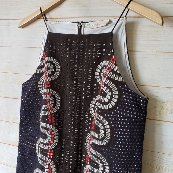 Tory Burch Runway Strappy Eyelet Shift Dress Summer Women's Size 8 Brown Blue - Picture 4 of 14